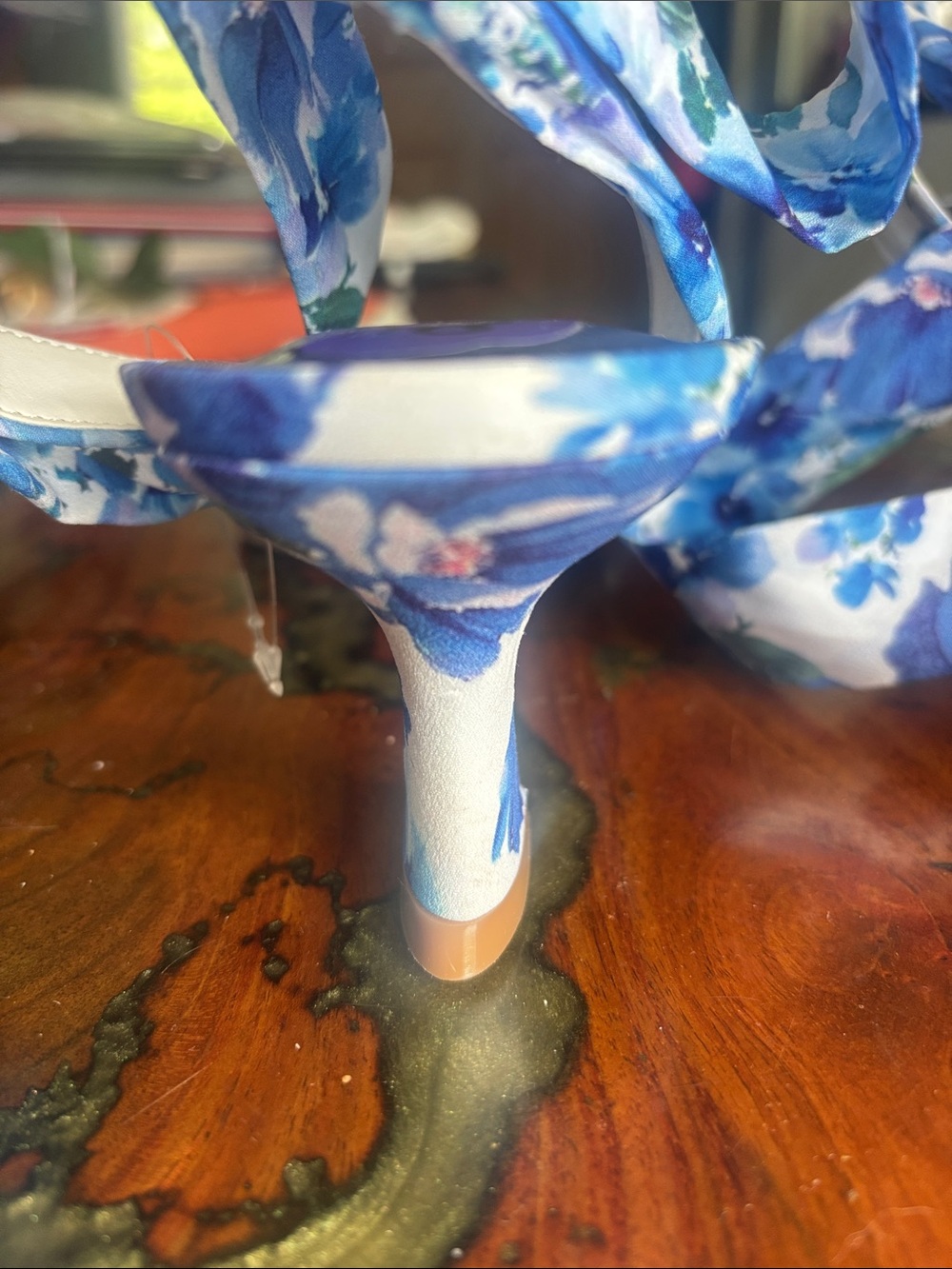 Nine West Sandals sz 8.5 Blue Floral Tie-Ankle Kelsie kitten heel NEW - Picture 5 of 7